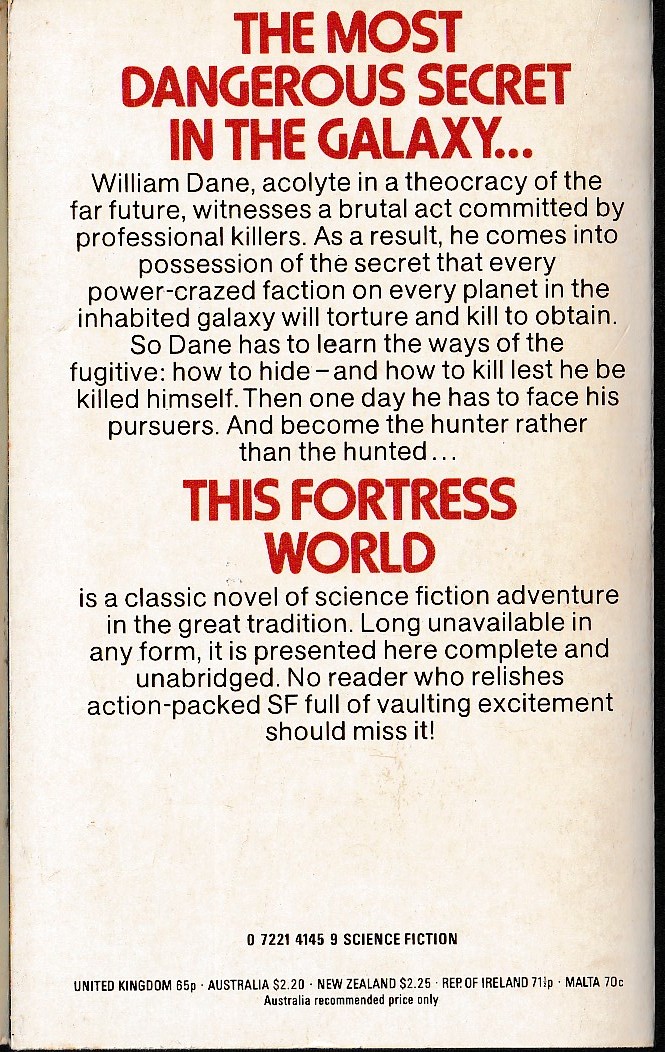James Gunn  THE FORTRESS WORLD magnified rear book cover image