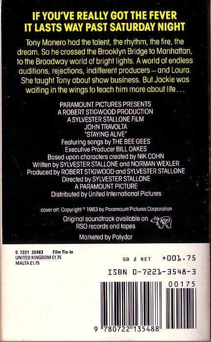 Leonore Fleischer  STAYING ALIVE (John Travolta) magnified rear book cover image