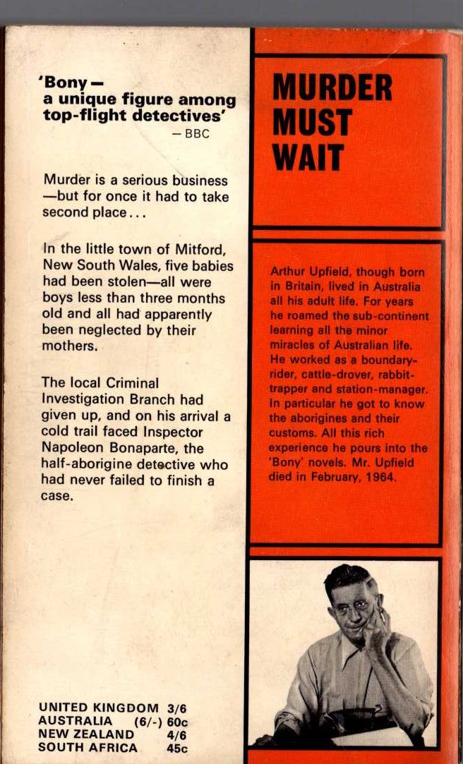 Arthur Upfield  MURDER MUST WAIT magnified rear book cover image