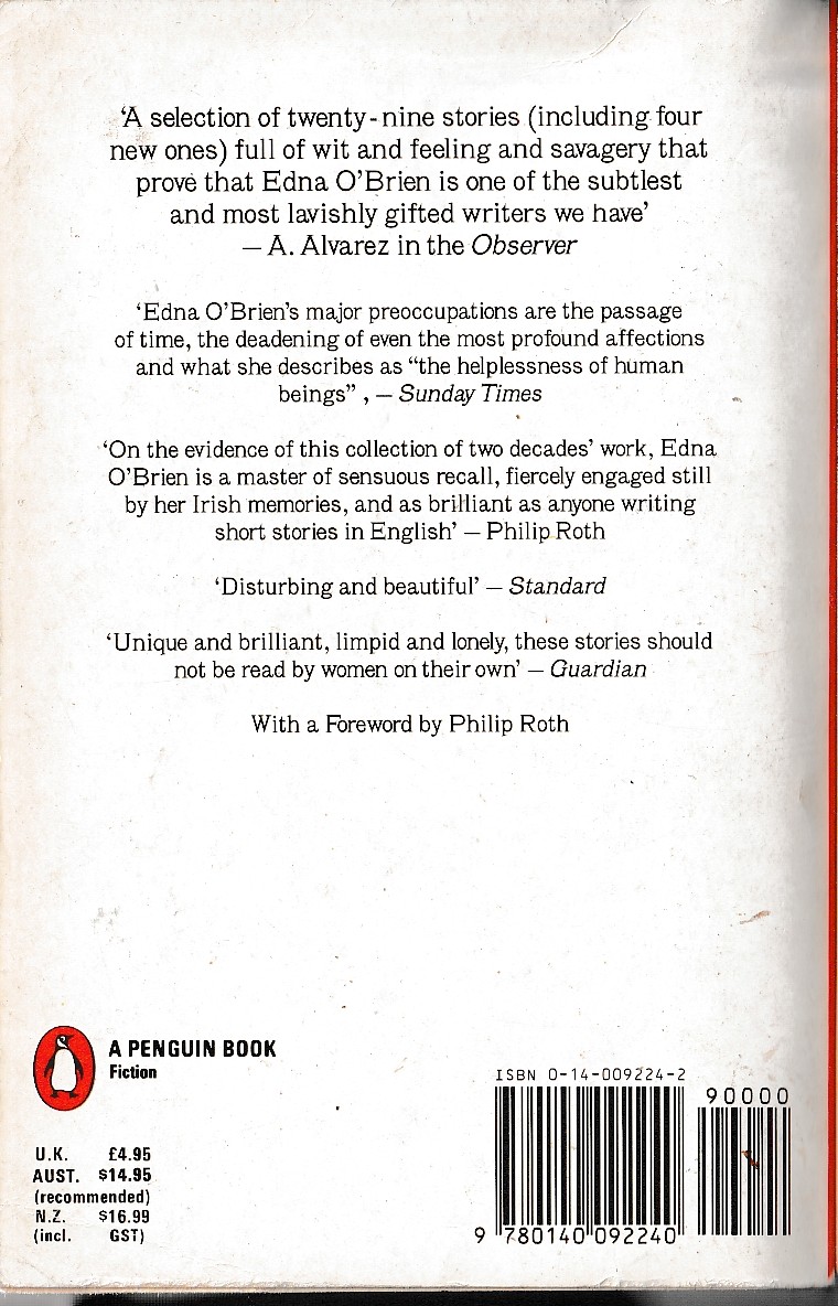 Edna O'Brien  A FANATIC HEART (A selection of stories) magnified rear book cover image
