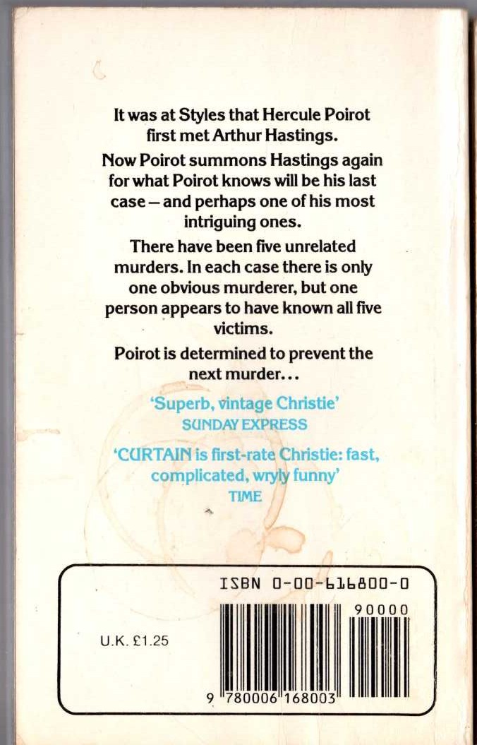 Agatha Christie  CURTAIN: POIROT'S LAST CASE magnified rear book cover image