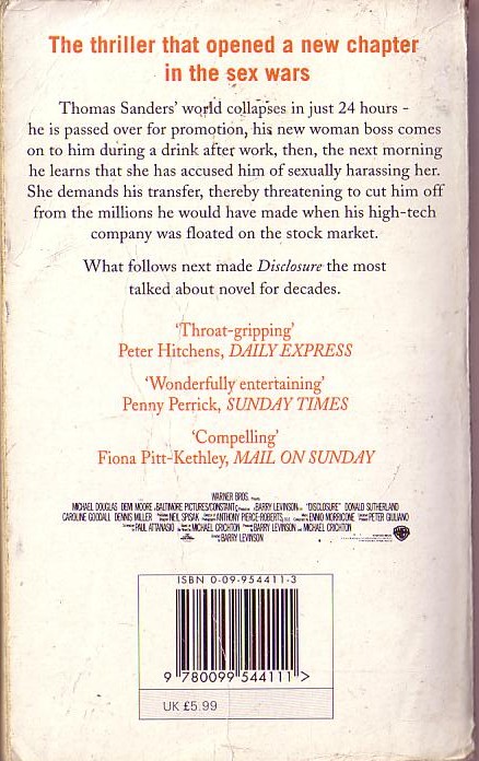 Michael Crichton  DISCLOSURE (Michael Douglas & Demi Moore) magnified rear book cover image
