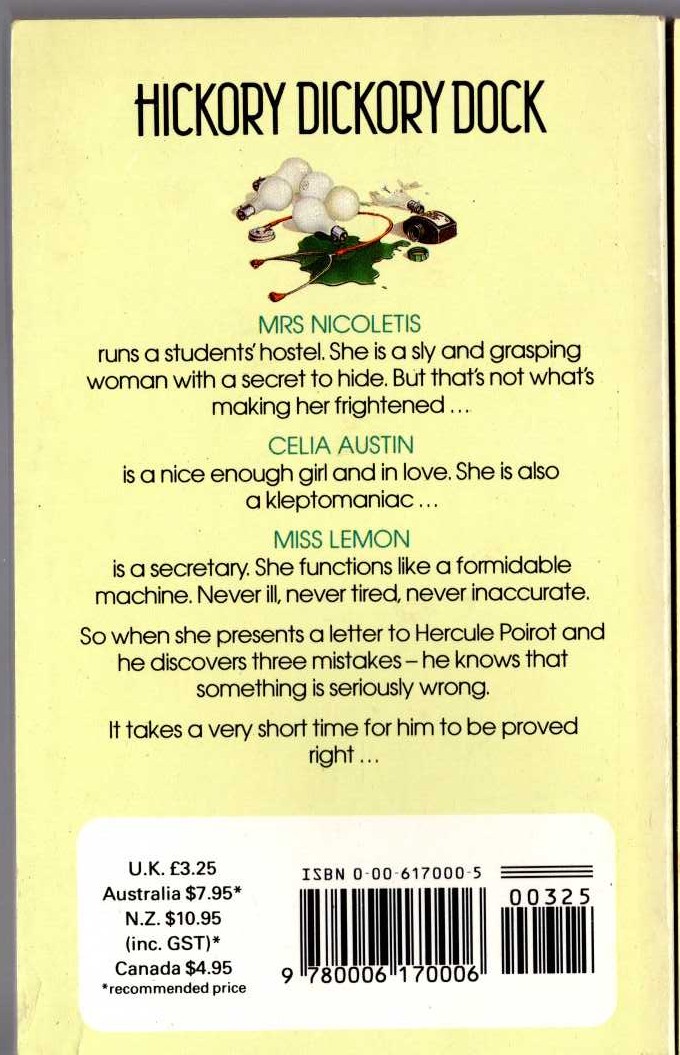 Agatha Christie  HICKORY DICKORY DOCK magnified rear book cover image