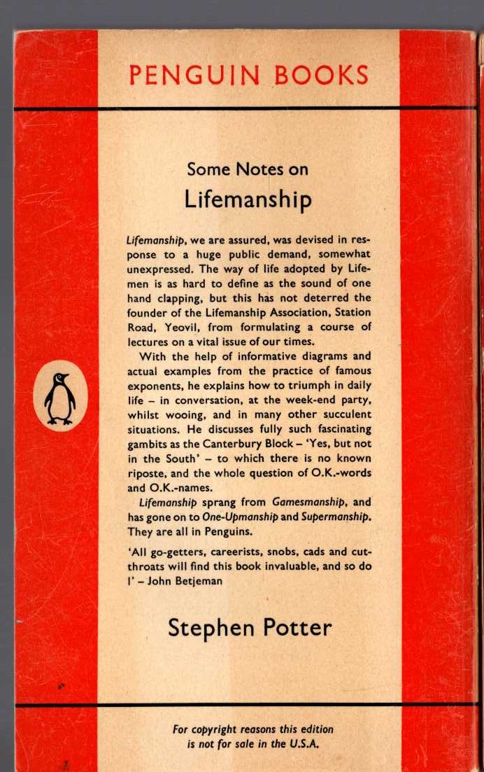 Stephen Potter  SOME NOTES ON LIFEMANSHIP magnified rear book cover image