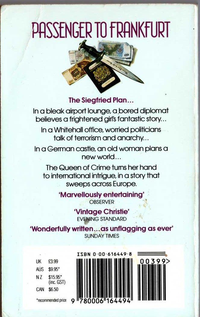 Agatha Christie  PASSENGER TO FRANKFURT magnified rear book cover image