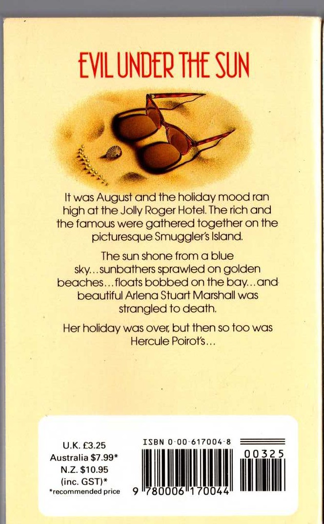 Agatha Christie  EVIL UNDER THE SUN magnified rear book cover image