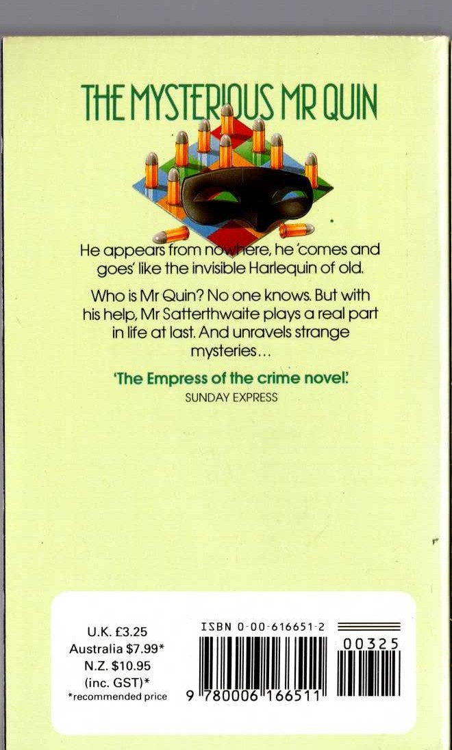 Agatha Christie  THE MYSTERIOUS MR QUIN magnified rear book cover image