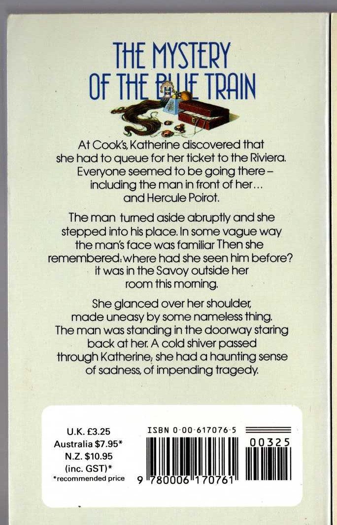 Agatha Christie  THE MYSTERY OF THE BLUE TRAIN magnified rear book cover image