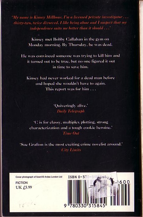 Sue Grafton  C.. IS FOR CORPSE magnified rear book cover image