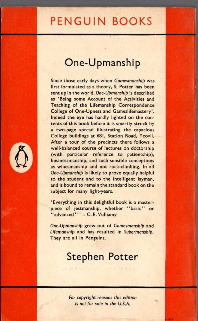 Stephen Potter  ONE-UPMANSHIP magnified rear book cover image