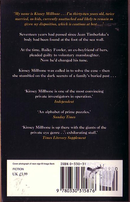 Sue Grafton  F.. IS FOR FUGITIVE magnified rear book cover image