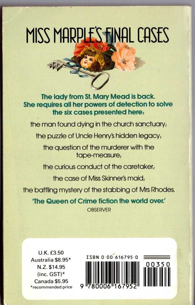 Agatha Christie  MISS MARPLE'S FINAL CASES magnified rear book cover image