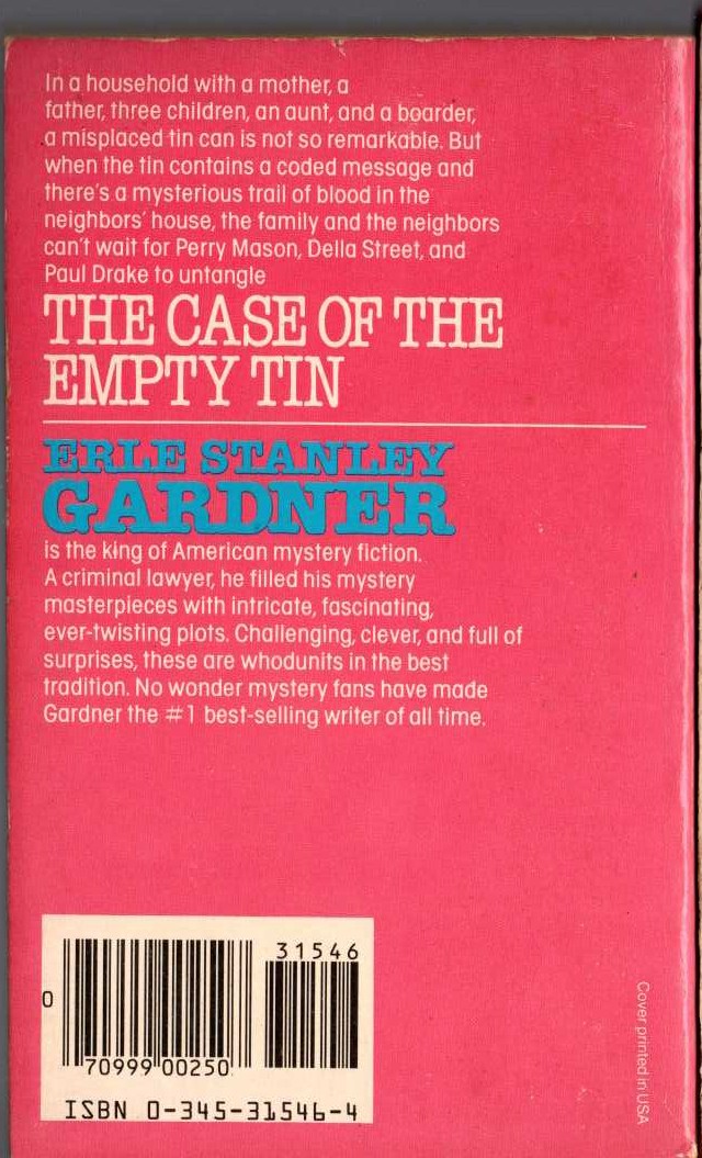 Erle Stanley Gardner  THE CASE OF THE EMPTY TIN magnified rear book cover image