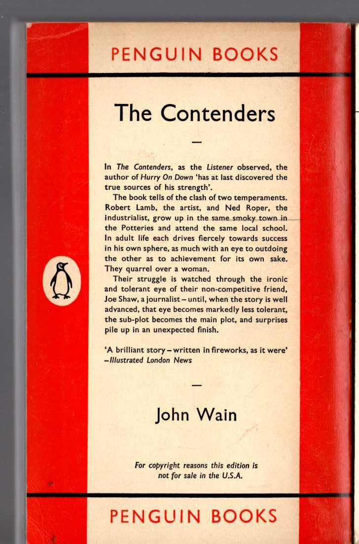 John Wain  THE CONTENDERS magnified rear book cover image