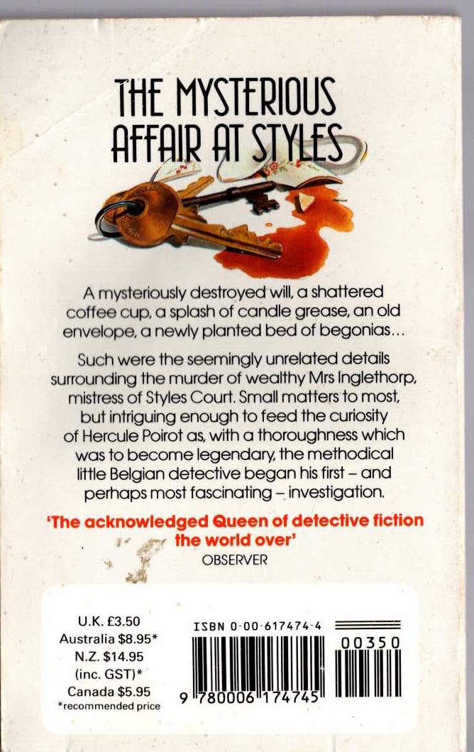 Agatha Christie  THE MYSTERIOUS AFFAIR AT STYLES magnified rear book cover image