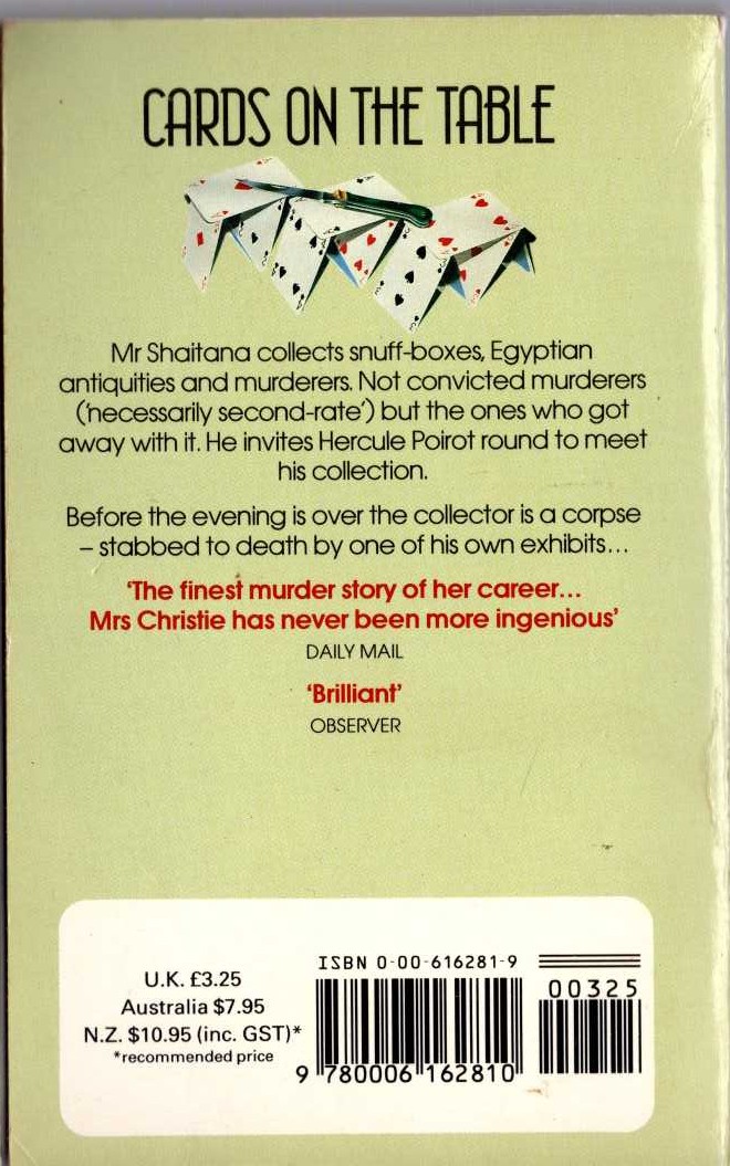 Agatha Christie  CARDS ON THE TABLE magnified rear book cover image
