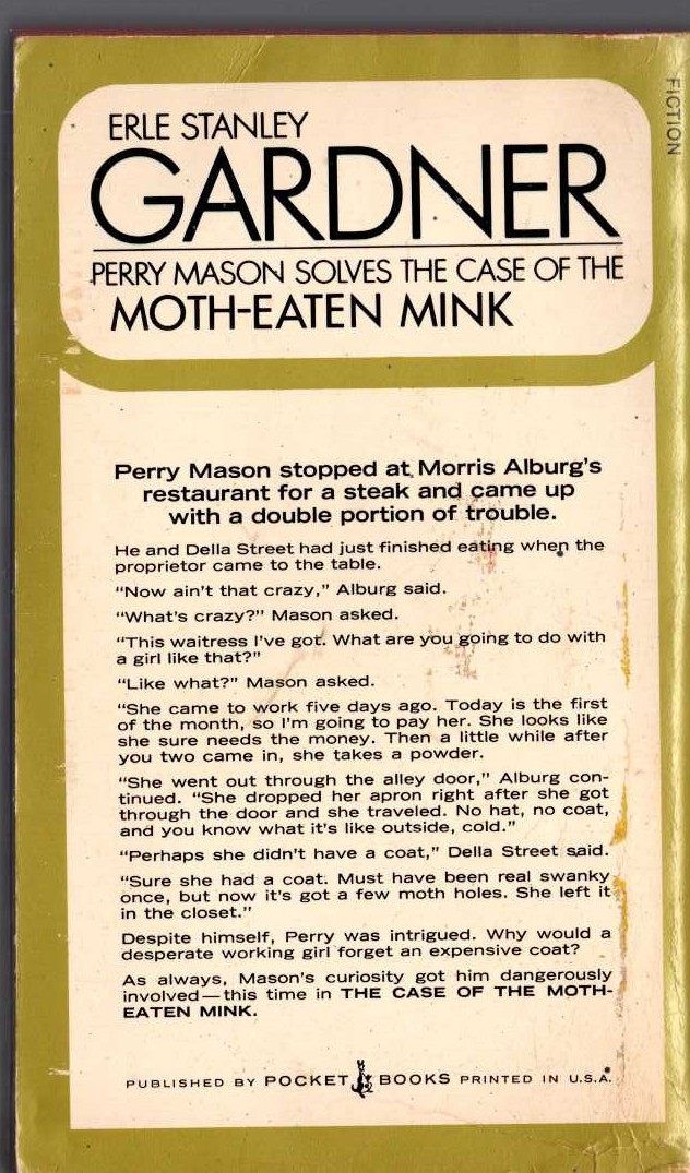 Erle Stanley Gardner  THE CASE OF THE MOTH-EATEN MINK magnified rear book cover image