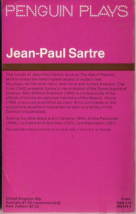 Jean-Paul Sartre  ALTONA/ MEN WITHOUT SHADOWS/ THE FLIES magnified rear book cover image