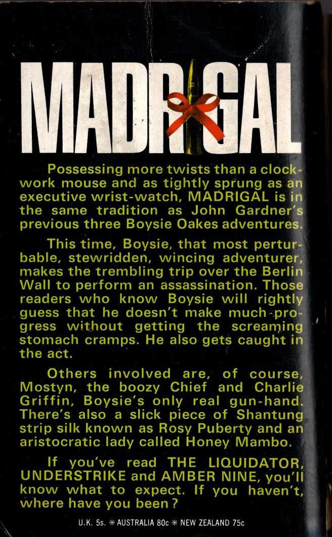 John Gardner  MADRIGAL magnified rear book cover image