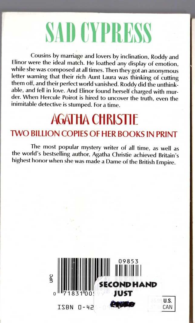Agatha Christie  SAD CYPRESS magnified rear book cover image