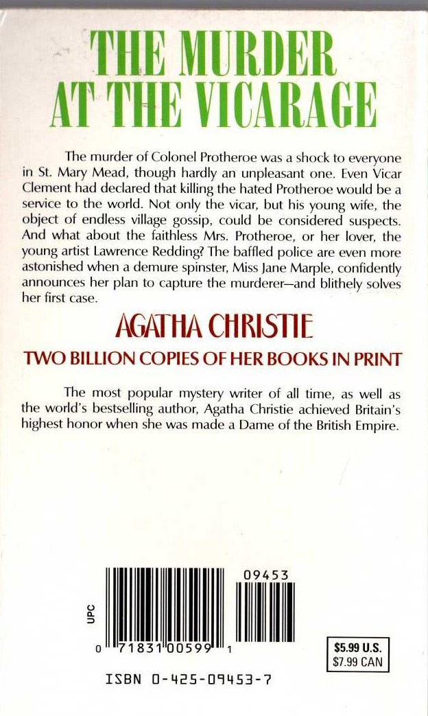 Agatha Christie  THE MURDER AT THE VICARAGE magnified rear book cover image