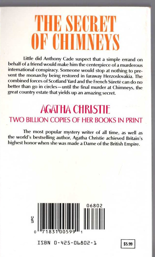 Agatha Christie  THE SECRET OF CHIMNEYS magnified rear book cover image