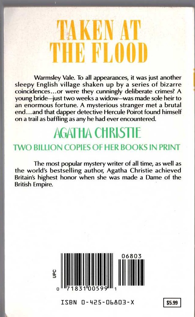 Agatha Christie  TAKEN AT THE FLOOD magnified rear book cover image