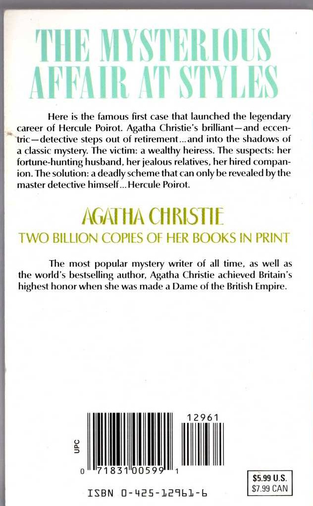 Agatha Christie  THE MYSTERIOUS AFFAIR AT STYLES magnified rear book cover image