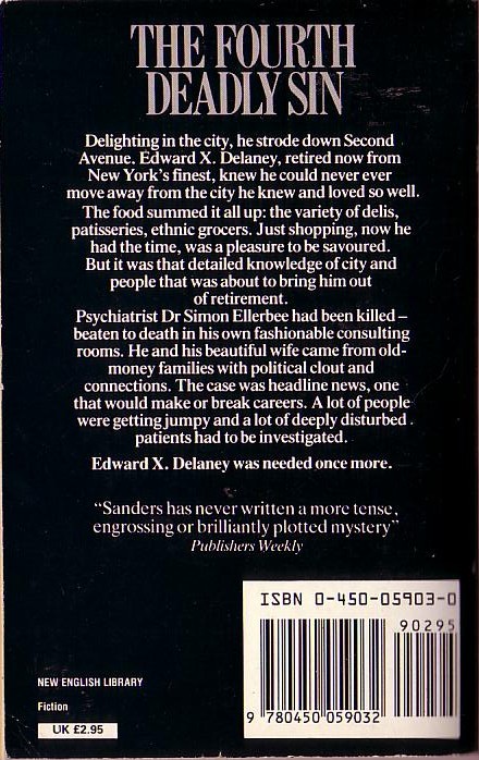 Lawrence Sanders  THE FOURTH DEADLY SIN magnified rear book cover image