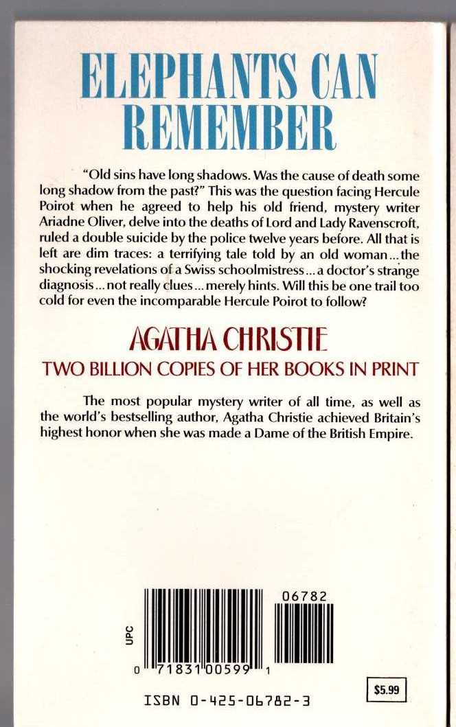Agatha Christie  ELEPHANTS CAN REMEMBER magnified rear book cover image