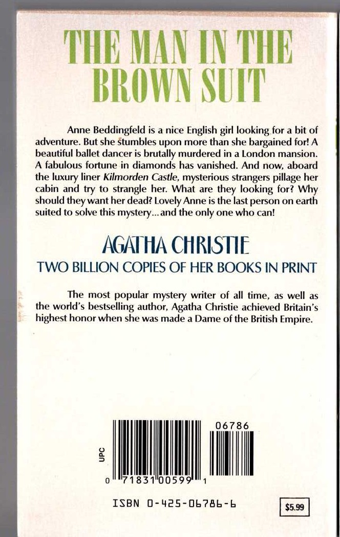 Agatha Christie  THE MAN IN THE BROWN SUIT magnified rear book cover image