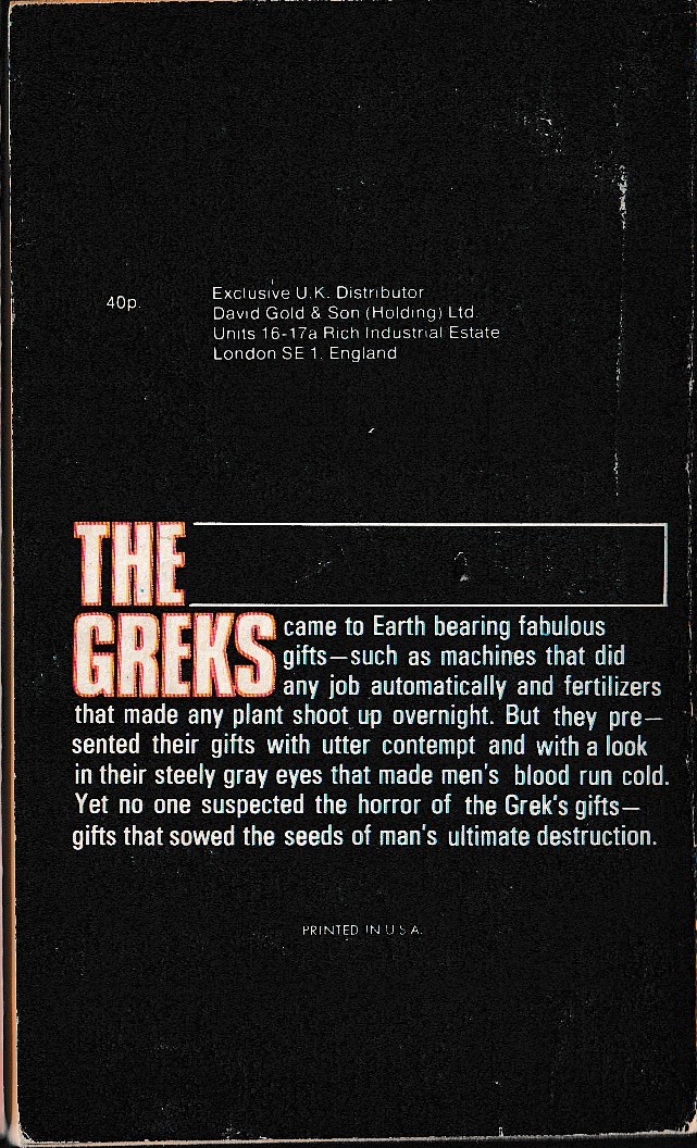 Murray Leinster  THE GREKS BRING GIFTS magnified rear book cover image