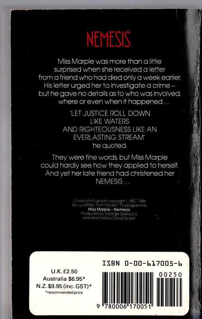 Agatha Christie  NEMESIS (Joan Hickson) magnified rear book cover image