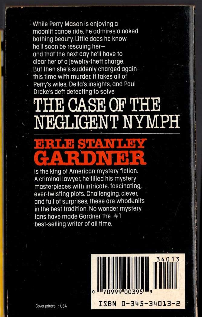 Erle Stanley Gardner  THE CASE OF THE NEGLIGENT NYMPH magnified rear book cover image