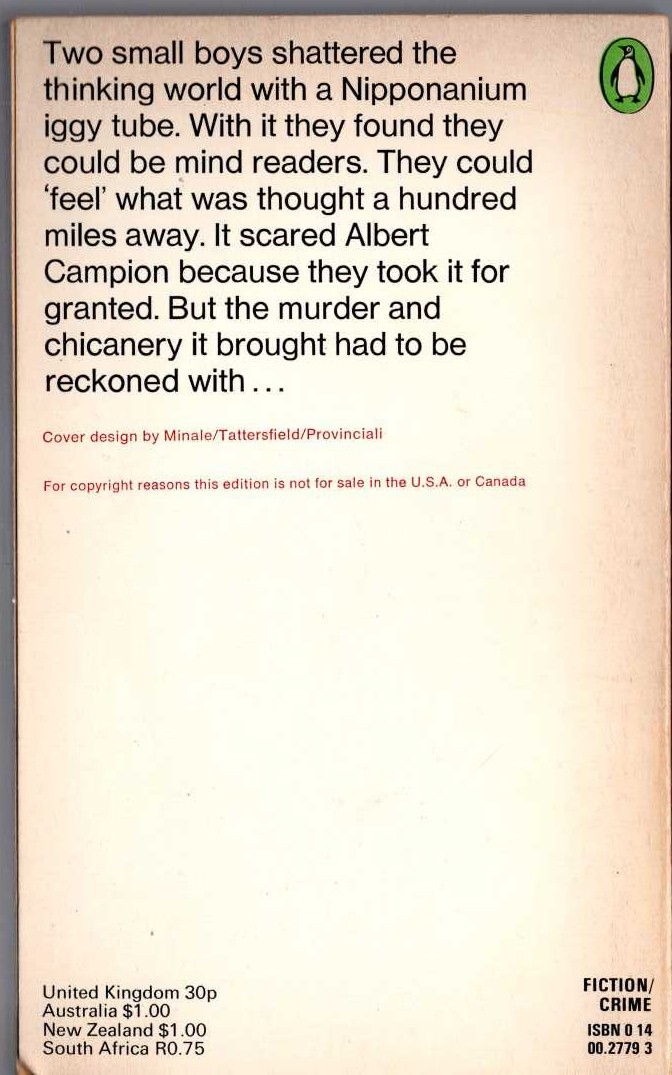 Margery Allingham  THE MIND READERS magnified rear book cover image