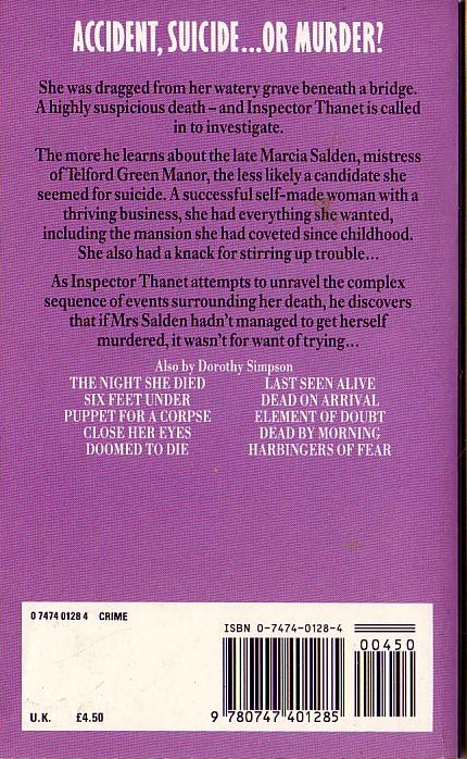 Dorothy Simpson  SUSPICIOUS DEATH magnified rear book cover image