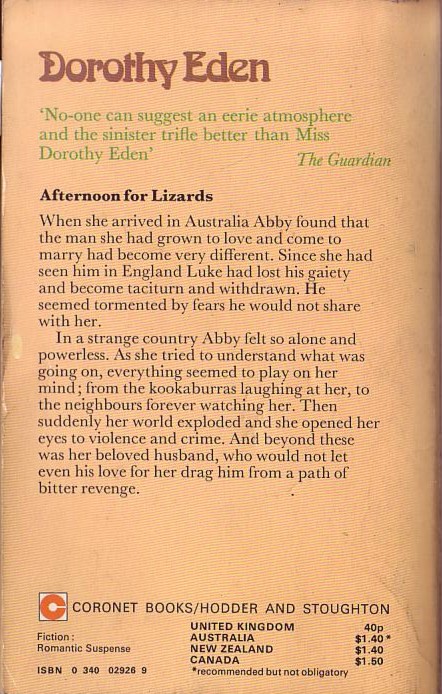 Dorothy Eden  AFTERNOON FOR LIZARDS magnified rear book cover image