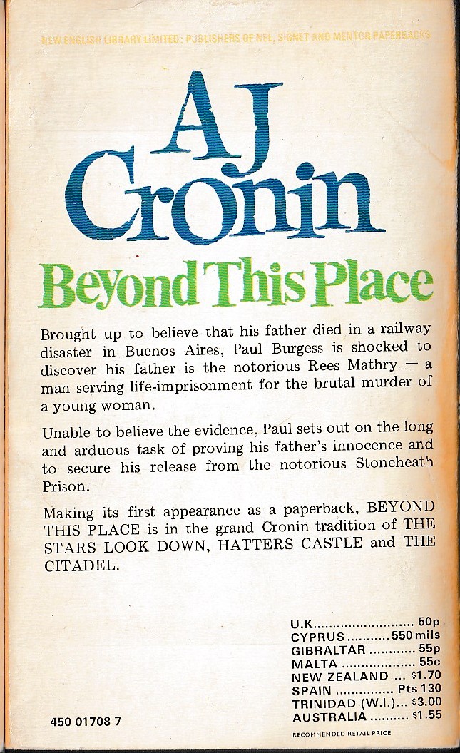 A.J. Cronin  BEYOND THIS PLACE magnified rear book cover image