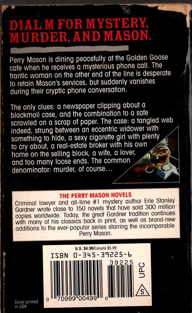 Erle Stanley Gardner  THE CASE OF THE ONE-EYED WITNESS magnified rear book cover image