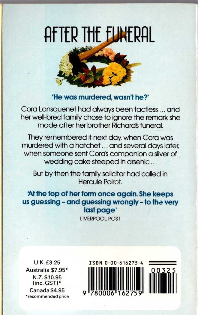 Agatha Christie  AFTER THE FUNERAL magnified rear book cover image