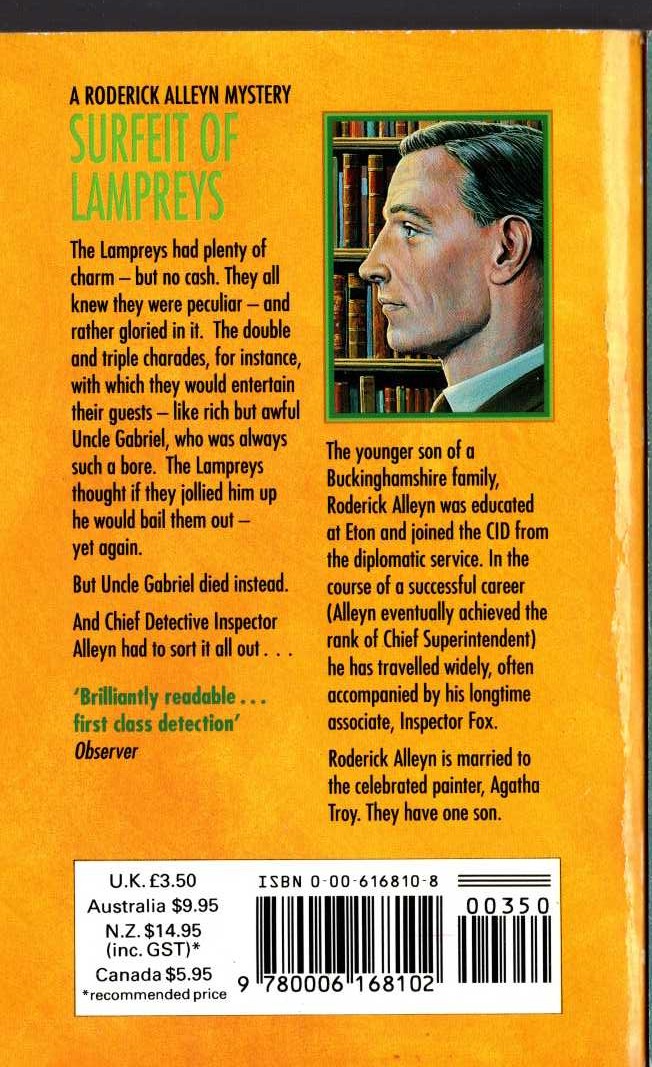 Ngaio Marsh  SURFEIT OF LAMPREYS magnified rear book cover image