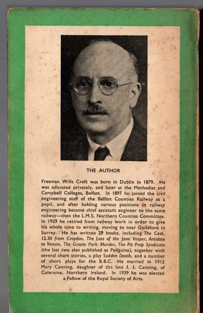 Freeman Wills Crofts  INSPECTOR FRENCH AND THE STARVEL TRAGEDY magnified rear book cover image