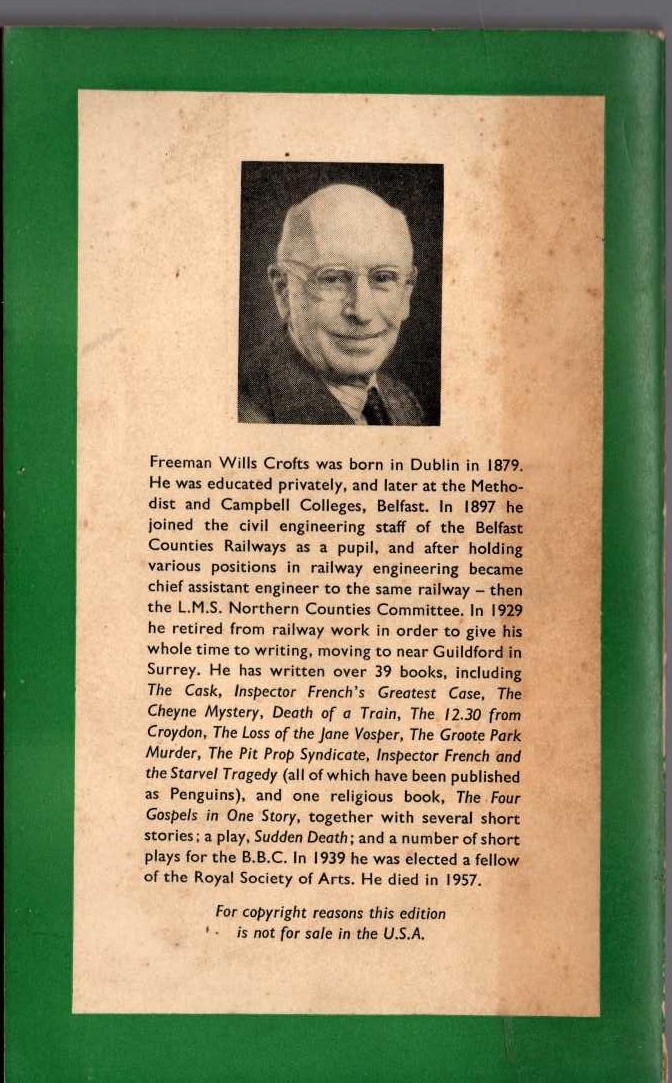 Freeman Wills Crofts  THE CHEYNE MYSTERY magnified rear book cover image