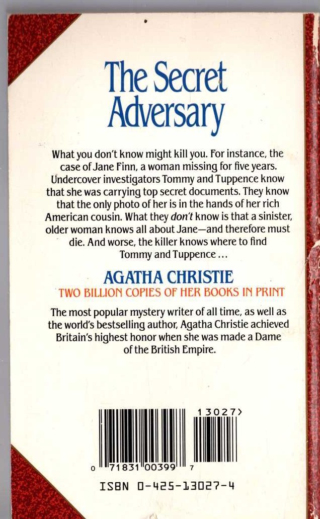 Agatha Christie  THE SECRET ADVERSARY magnified rear book cover image