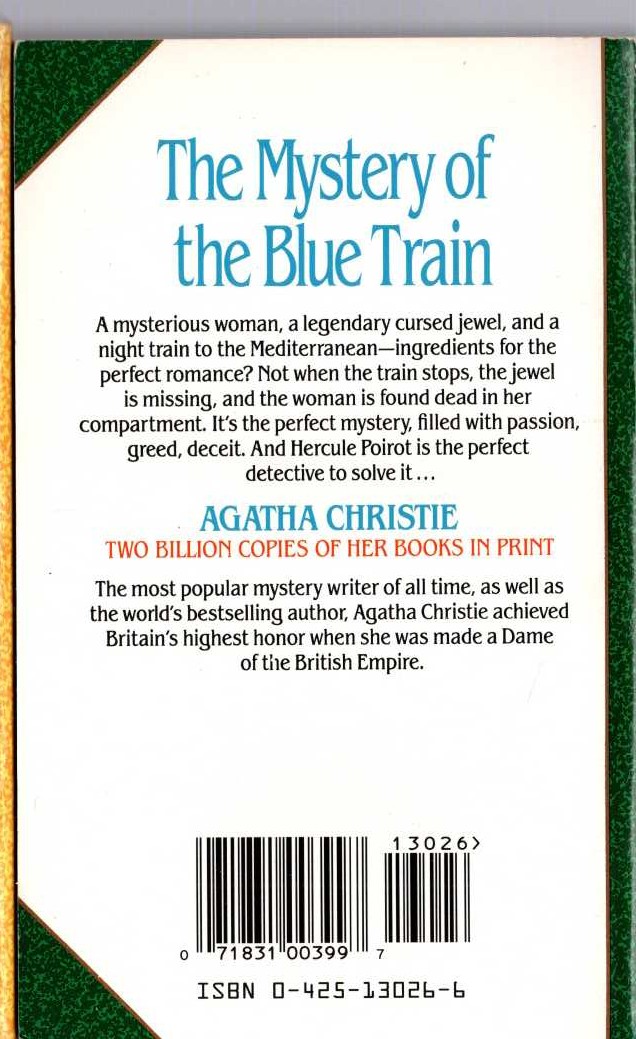 Agatha Christie  THE MYSTERY OF THE BLUE TRAIN magnified rear book cover image