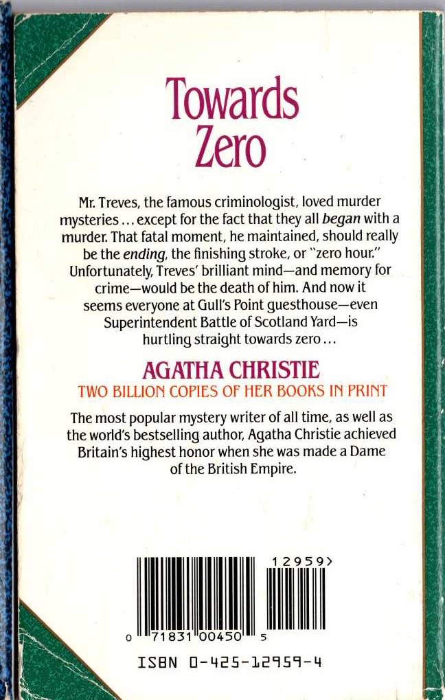Agatha Christie  TOWARDS ZERO magnified rear book cover image