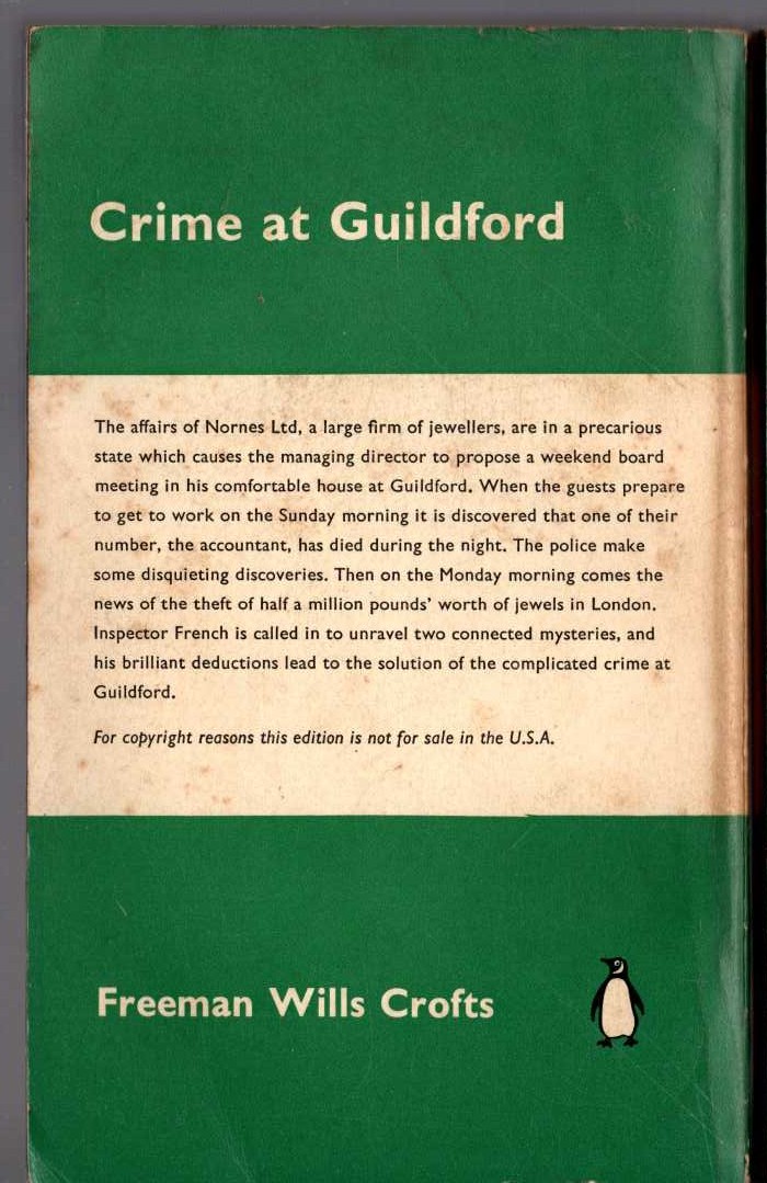 Freeman Wills Crofts  CRIME AT GUILDFORD magnified rear book cover image