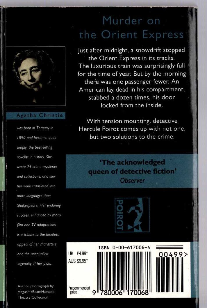Agatha Christie  MURDER ON THE ORIENT EXPRESS magnified rear book cover image