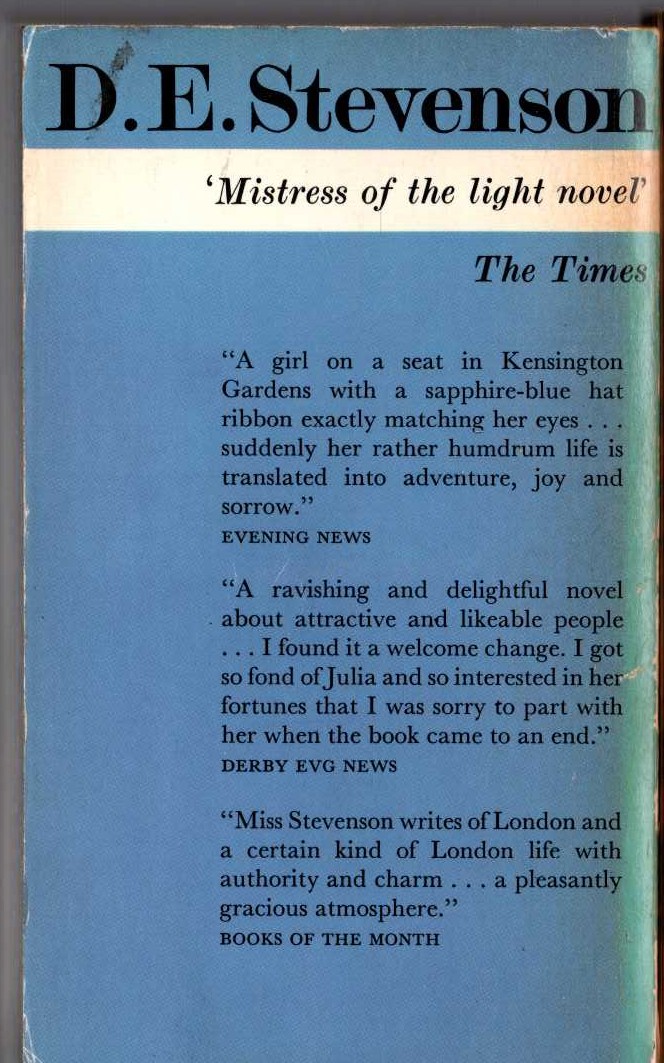 D.E. Stevenson  THE BLUE SAPPHIRE magnified rear book cover image