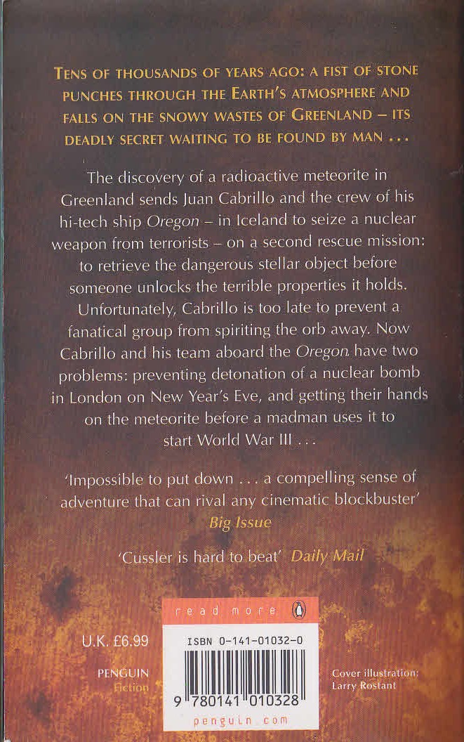 Clive Cussler  SACRED STONE magnified rear book cover image